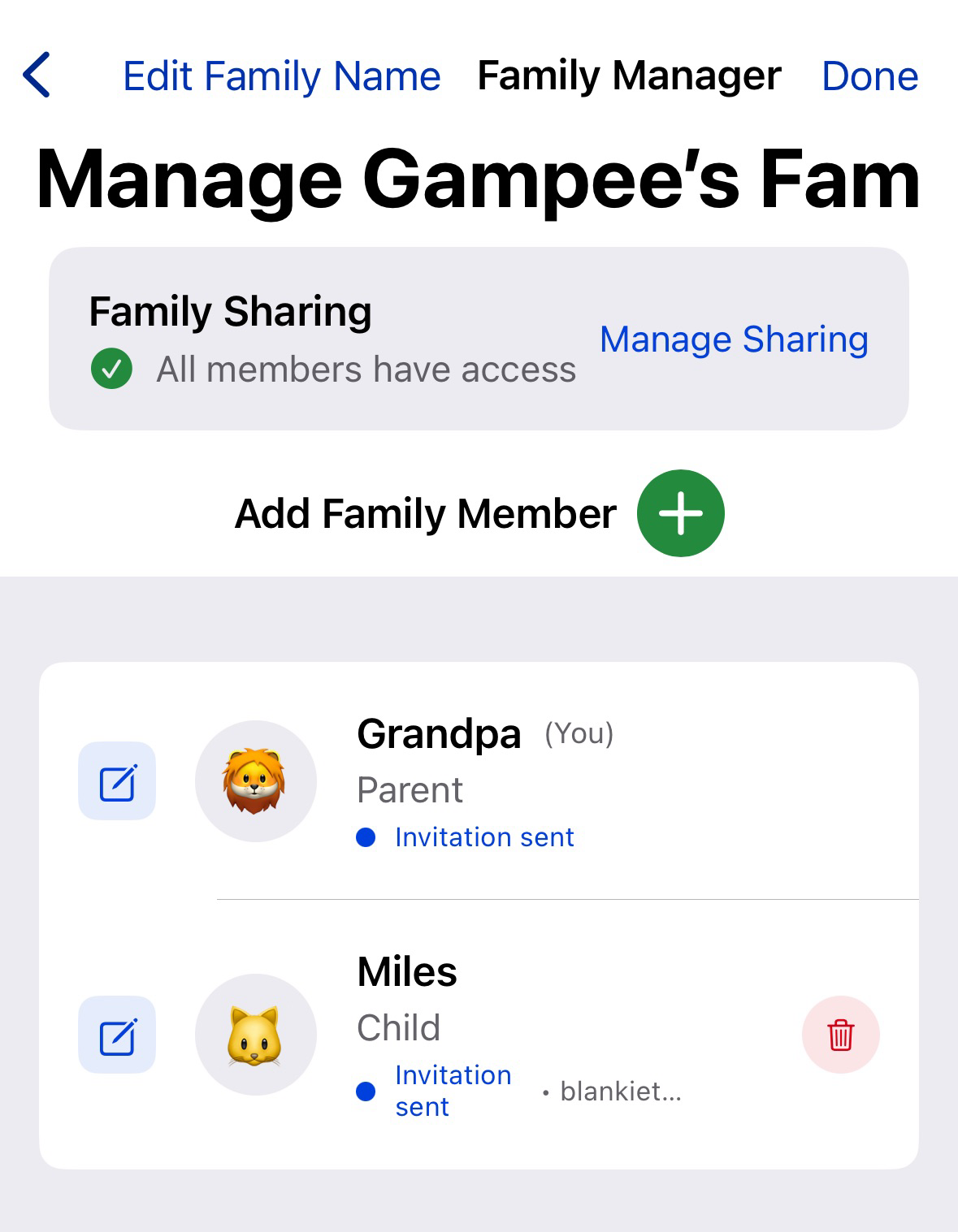 Family Sharing screen